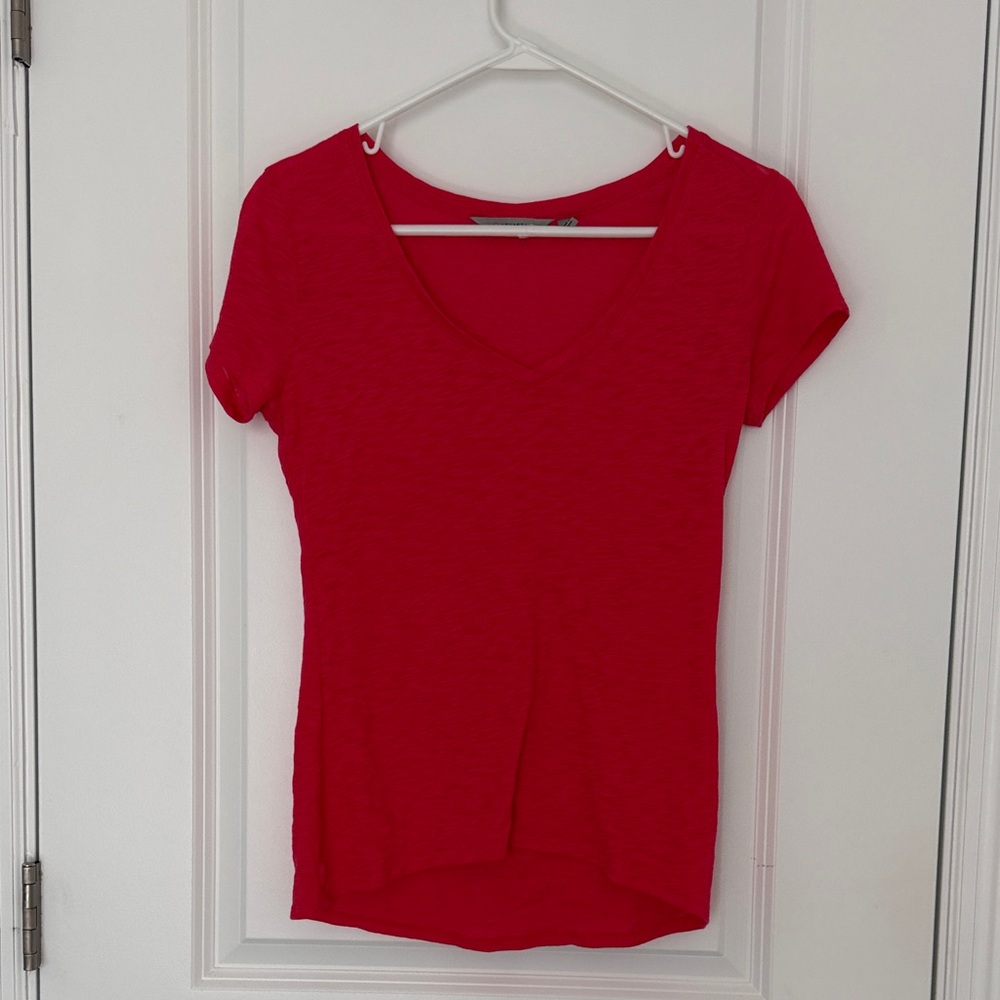 Women's Red V-Neck Short Sleeve Top. Burnout fabric style .